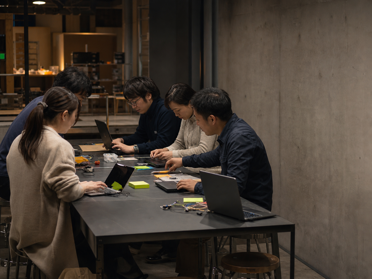 ものづくり拠点のテーブルで、複数人がPCを囲んで学び合っている様子