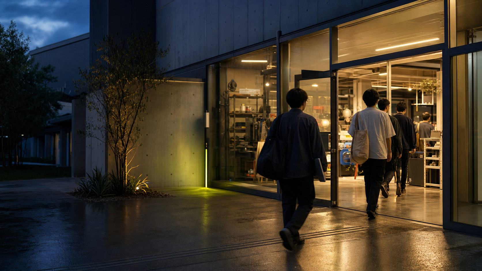 夕方のものづくり拠点に、参加者がPCを持って集まってくる様子